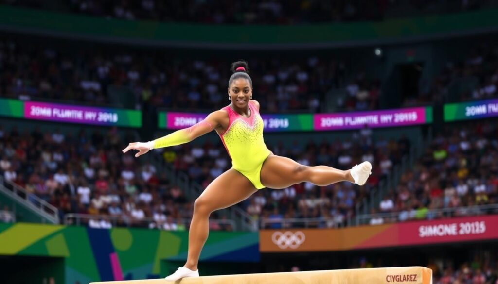 Simone Biles performing on balance beam