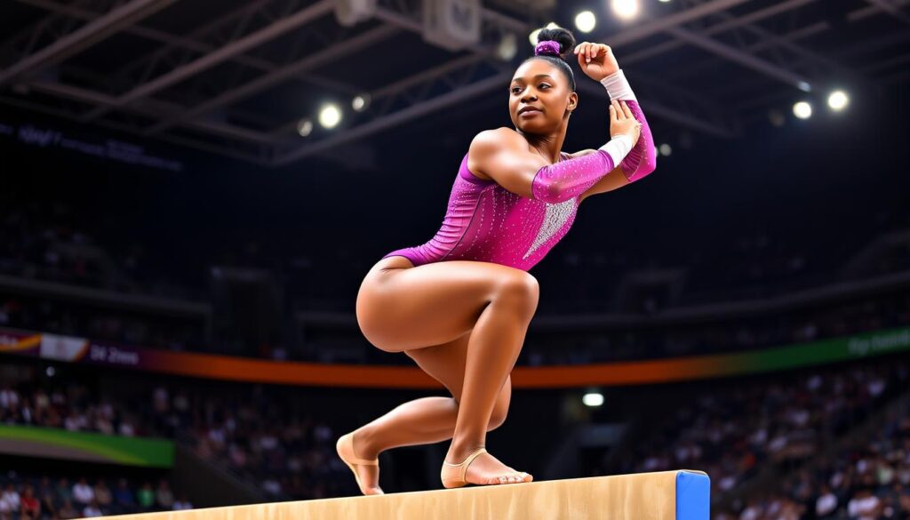 Simone Biles performing on the balance beam